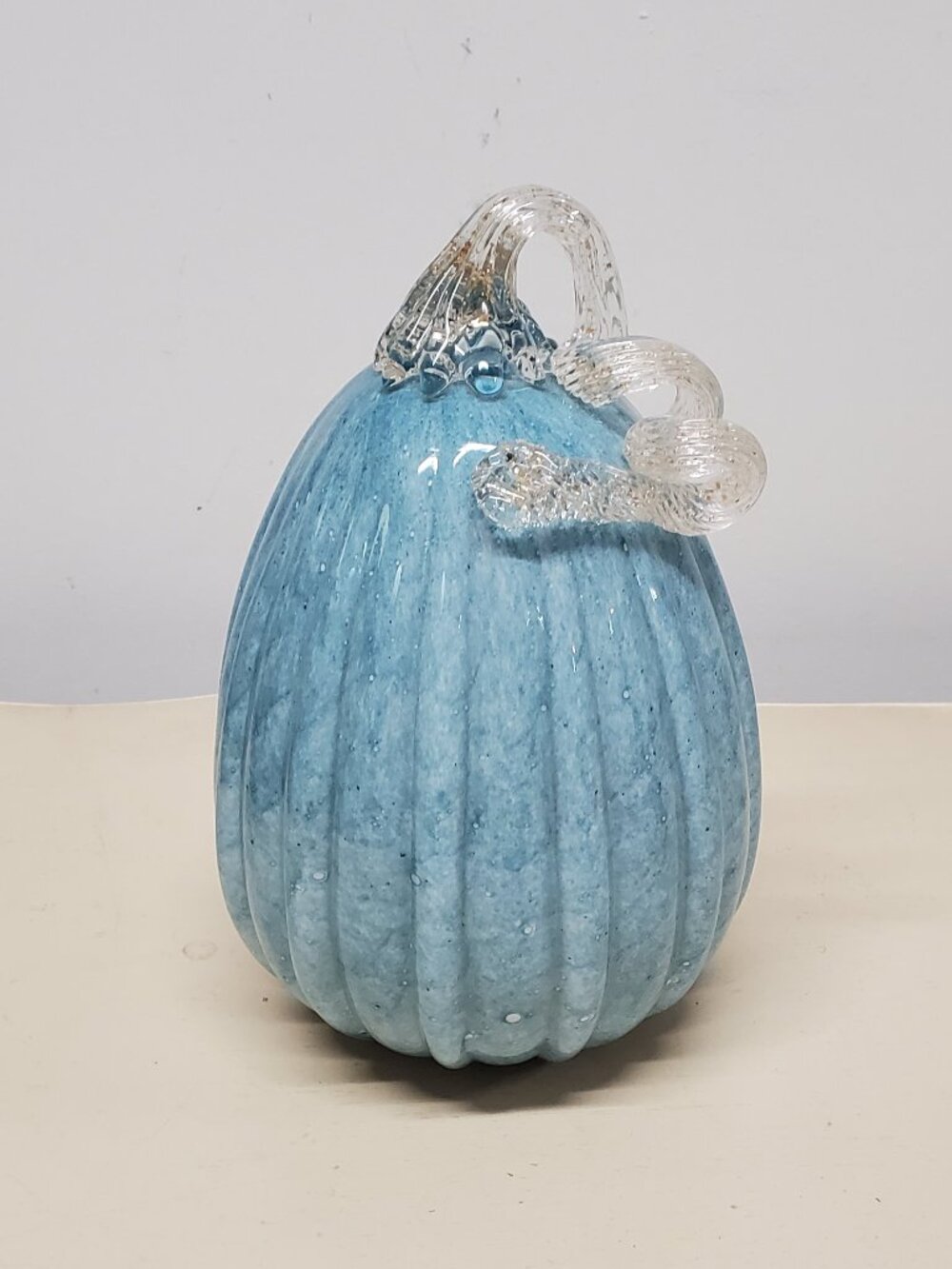 Blue Handblown Art Glass Pumpkin with Clear and Gold Glitter Stem